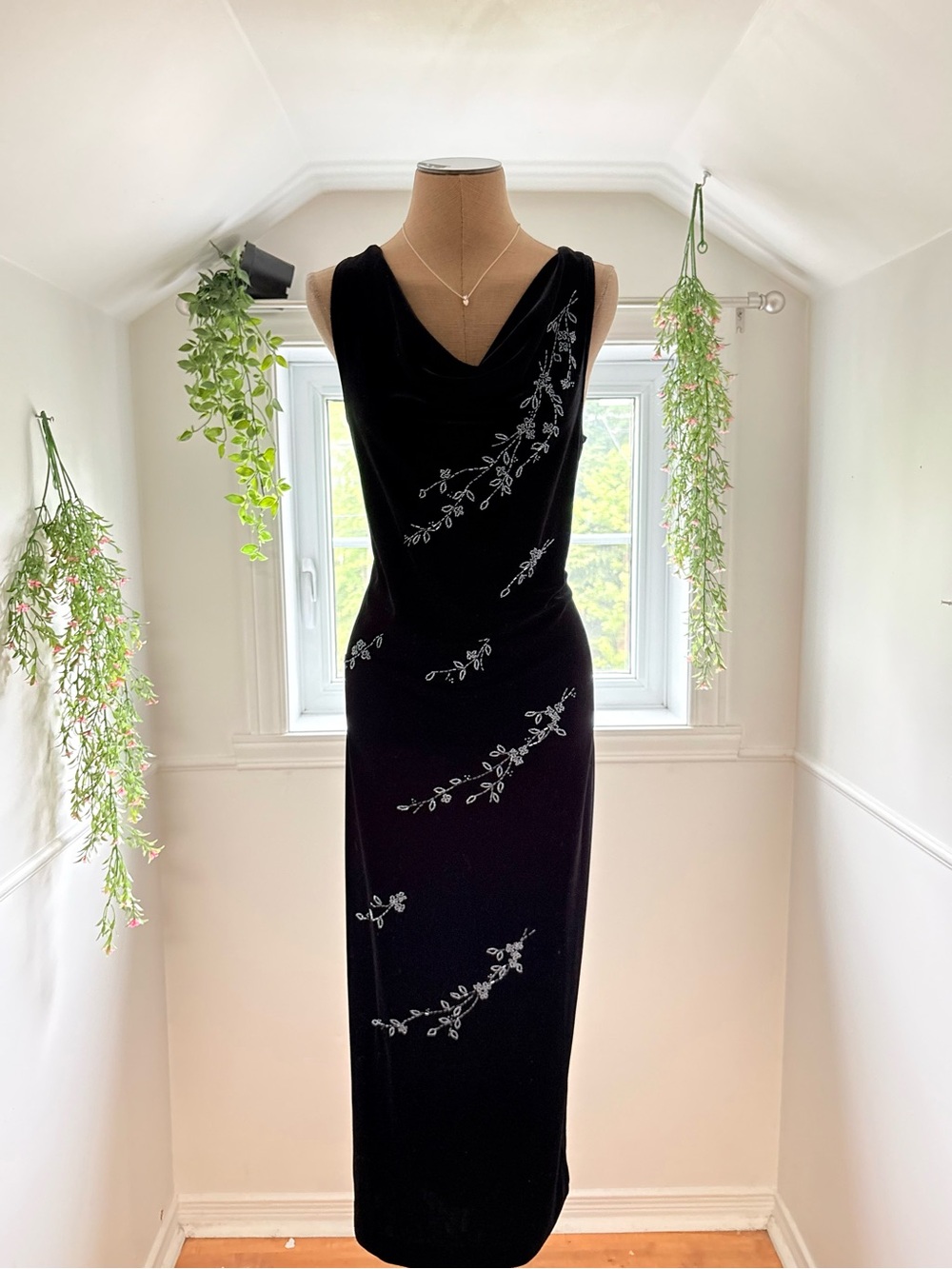 Black Velvet & Beaded Cowl Neck Evening Dress